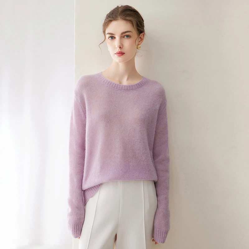 Women's 75% cashmere +25% mulberry silk sweater casual solid color knitted pullover loose round neck Blouse warm Tops Jumper