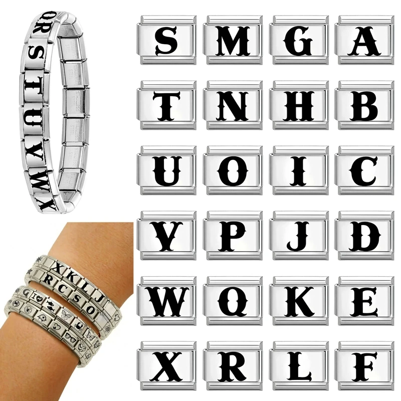 26 English Letters A-Z Charms Laser Engraving Black Engraving Beads Fit 9MM Stainless Steel Bracelet Making DIY Jewelry Gift