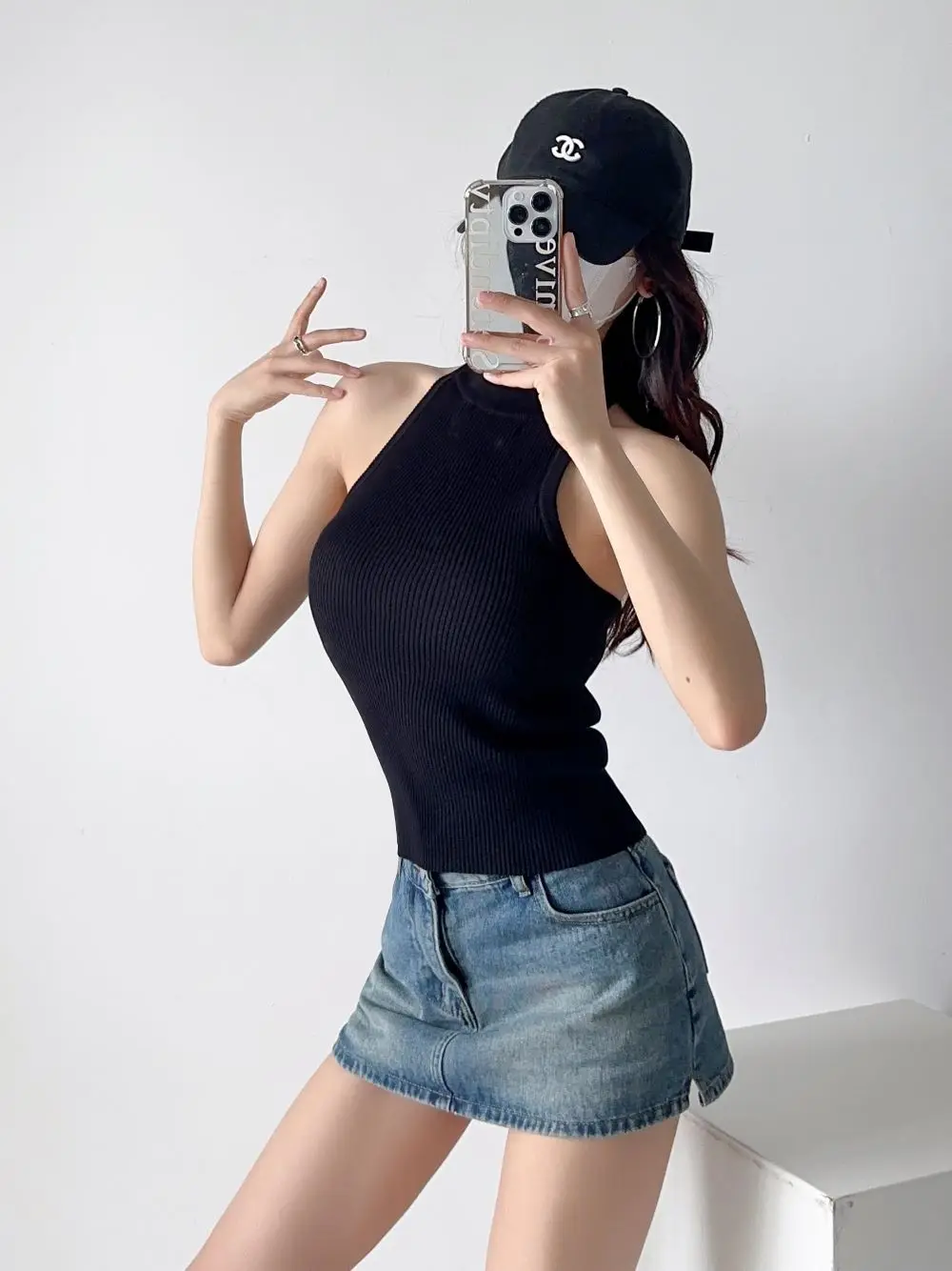 Summer Crop Tops for Women 2023 Sexy Hanging Neck Sleeveless High Strecth Knit Tank Top Double Wearing of Front and Back