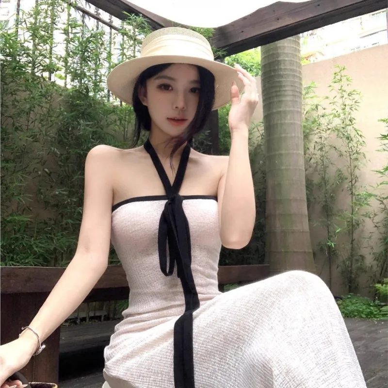 Elegant Vestidos Temperament Dress Sexy Dresses 2025 Woman French Beachwear Simple Style All-match Halter Neck Backless Vacation