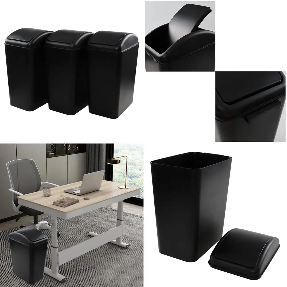 

набор из 3-х черных пластиковых мусорных баков с распашной крышкой, емкостью 4,5 галлона.