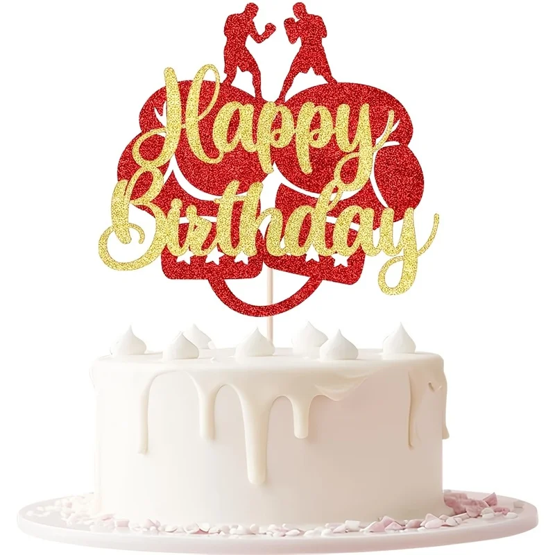 Boxer Happy Birthday Cake Pick, Red Gold Glitter Boxing‑Theme Cake Topper, Athlete Sports Themed Birthday Dessert Decorations