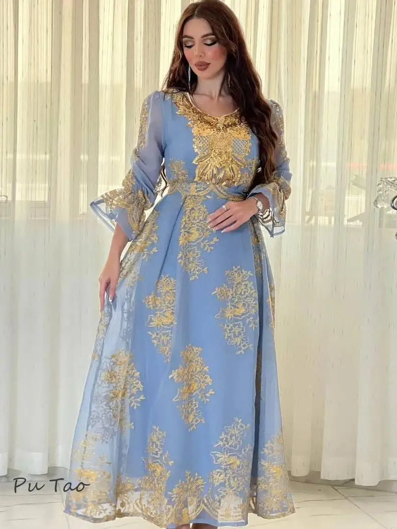 

Eid Ramadan Morocco Muslim Women Dress Abaya Embroidery Kaftan V-Neck Maxi Long Sleeve Arabic Turkey Dubai Luxury Evening Robe