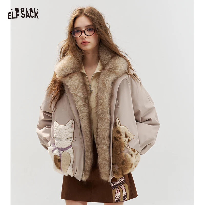 ELFSACK Women's Casual Winter Down Jacket with Cartoon Cat Print, Loose Outerwear for Daily Wear, Cozy Fluffy Collar Coat