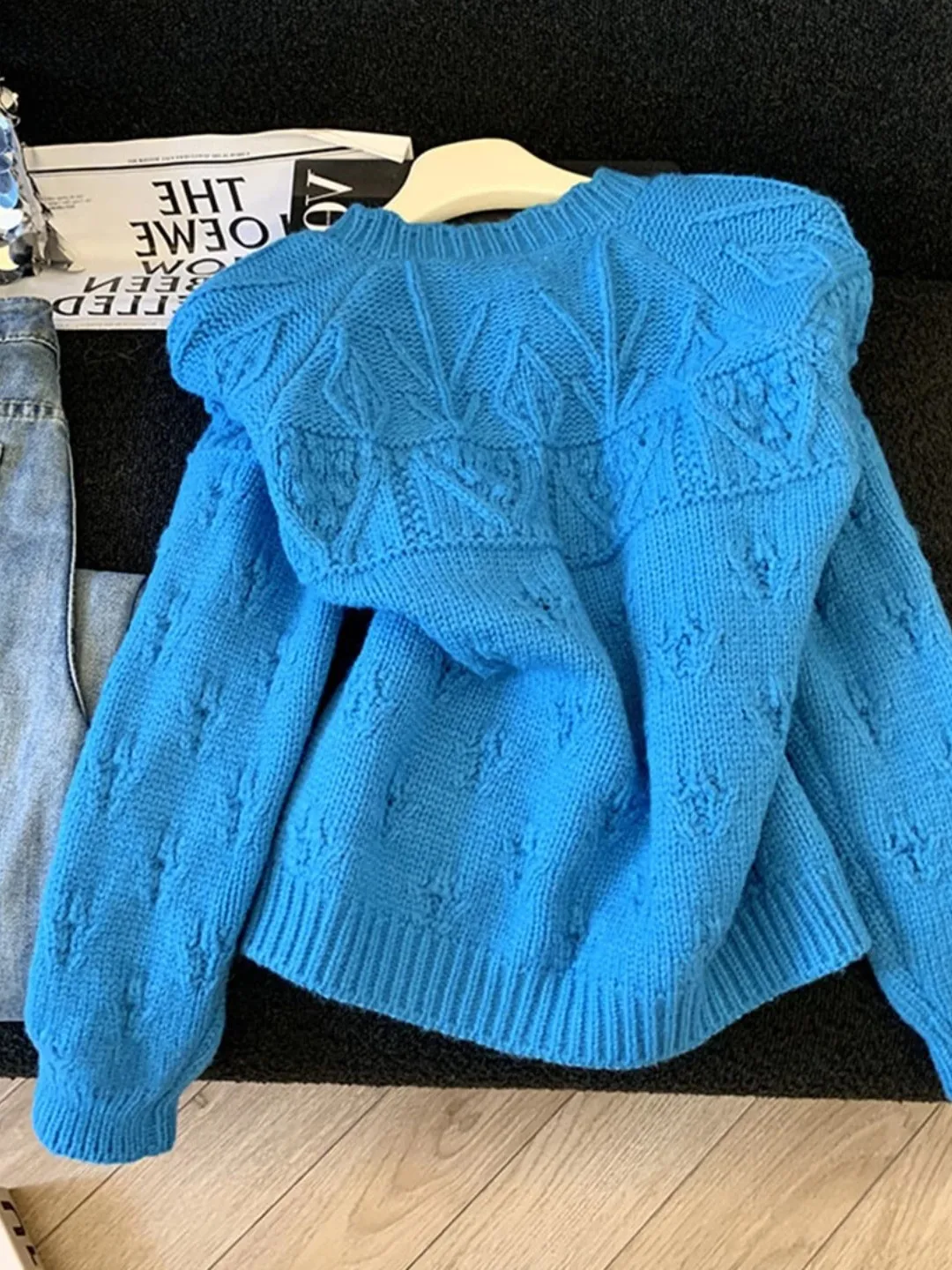Klein Blue Lace Hook Knitted Sweater Coat Women's Thick Lazy Style Casual Knitwear Autumn Winter Open Cardigan Fashion Trend
