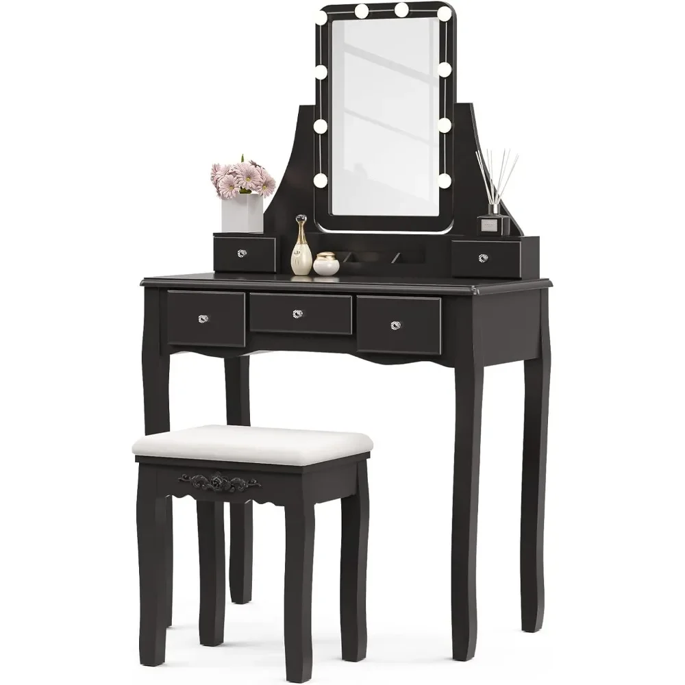 

Vanity Desk with Lighted Mirror, 10 LED Dimmable Bulbs, Cushioned Stool&5 Drawers,3 Removable Dividers, Dressing Table