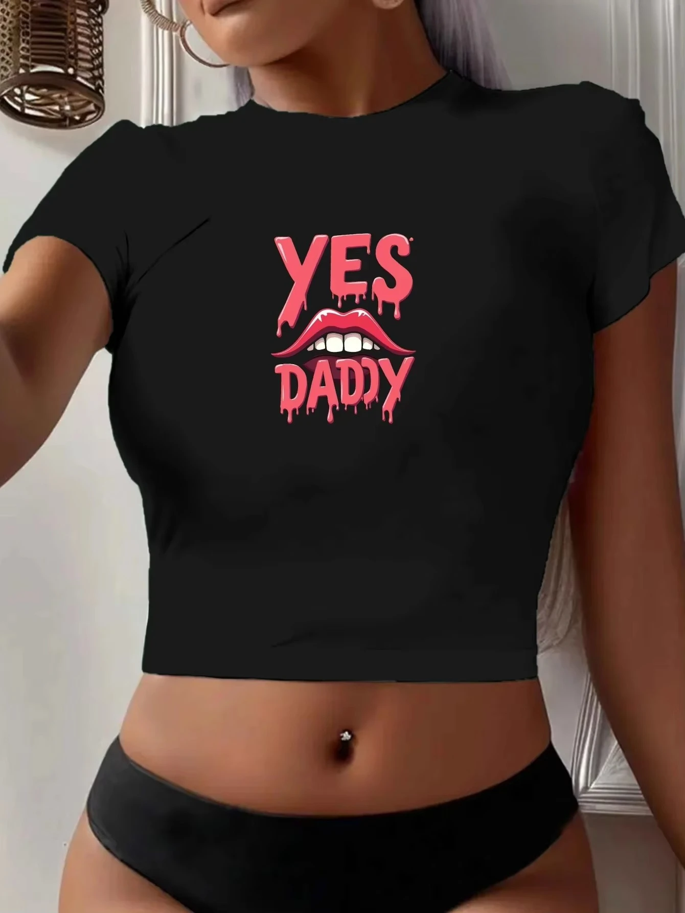 Sí, papá con labios, Camiseta corta a la moda para mujer, camiseta informal de manga corta Harajuku para mujer, ropa estética urbana