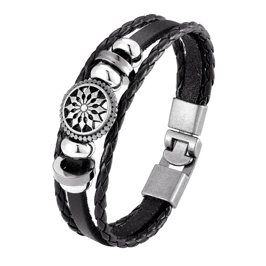 Vintage Multi-layer Leather Woven Compass Sunflower Bracelet Charm Men's Bracelet Fashion Religious Amulet Accessories Jewelry