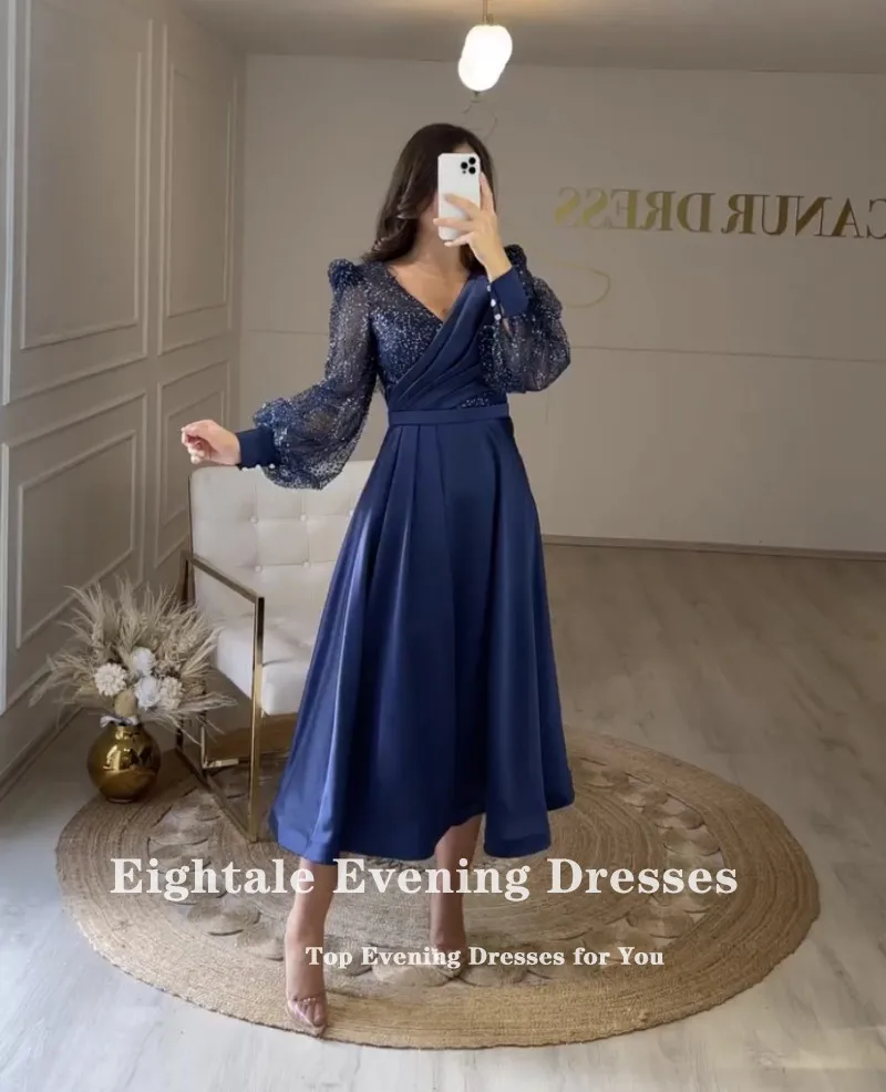 Eightale Navy Blue Short Evening Dress for Wedding Party Customized Satin Gliiter Prom Gown Long Puffy Sleeves Celebrity Gown