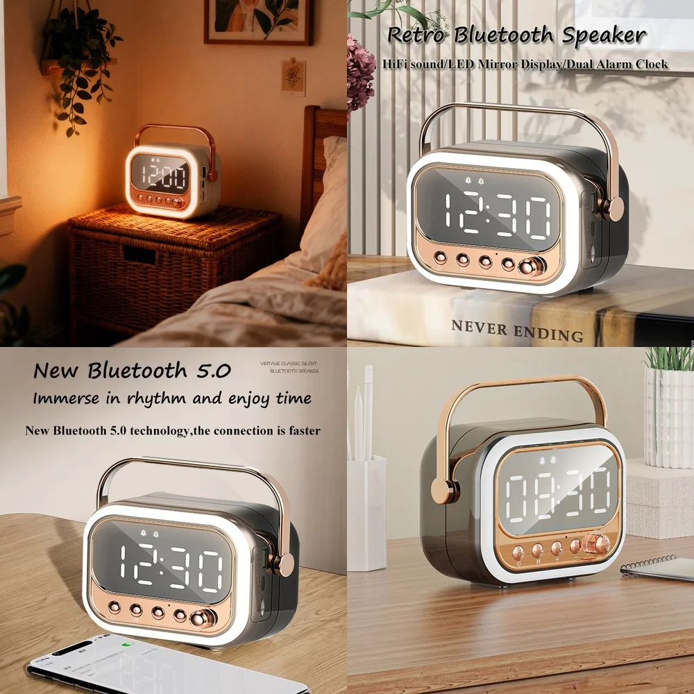 

Alarm clockDigital Alarm Clock with FM Radio Bluetooth Mirror LED Speaker Portable Wireless Bedside Clock for Home Office Travel