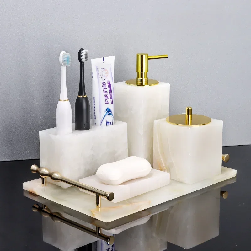 Countertop Bath Freedom collocation,Lotion /Soap Dispenser,Toothbrush Cup Holder Tumbler,Cotton Jar and Vanity Tray,Marble White