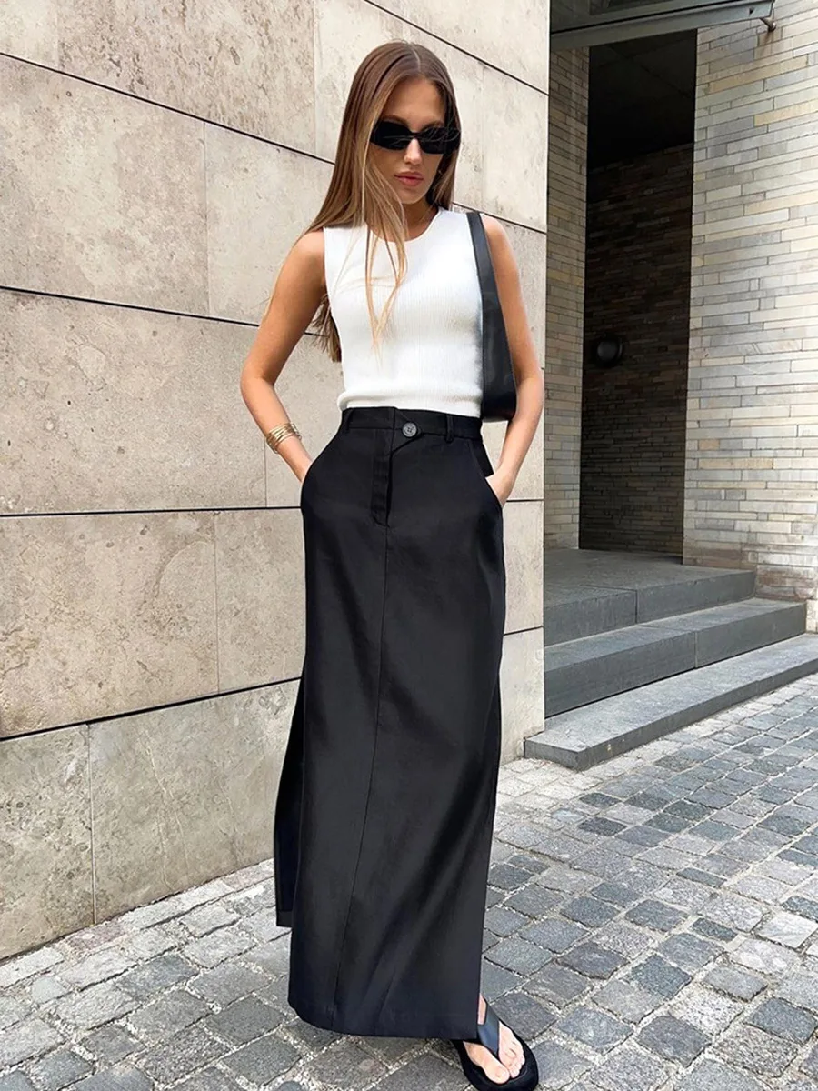 Wolfeel New Women's Fashionable Vintage Elastic Waist Buttons Skirts Summer Female Casual Cotton Black Stylish Split Long Skirts