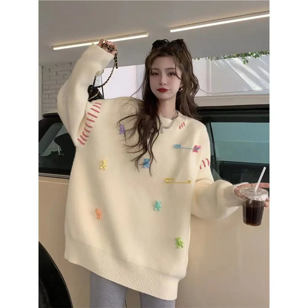 Autumn Winter New Fashion Cartoon Black Sweater Jumpers for Women Casual Loose Long Cute Bear Knit Pullover Tops Knitwear Female