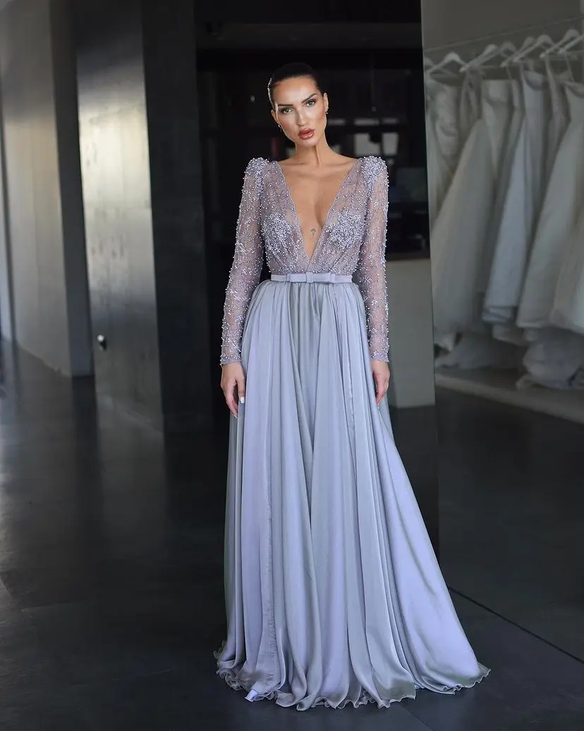 

Lovestory Plunging V Neckline Vestidos Prom Dresses Beaded Long Sleeves Birthday Party Women Wear A Line Evening Special Gowns