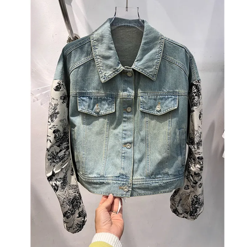 Ink Painting Spliced Denim Jacket Women 2024 Spring New Long Sleeve Loose Short Jeans Coat Female Casual Outwear Streetwear B335