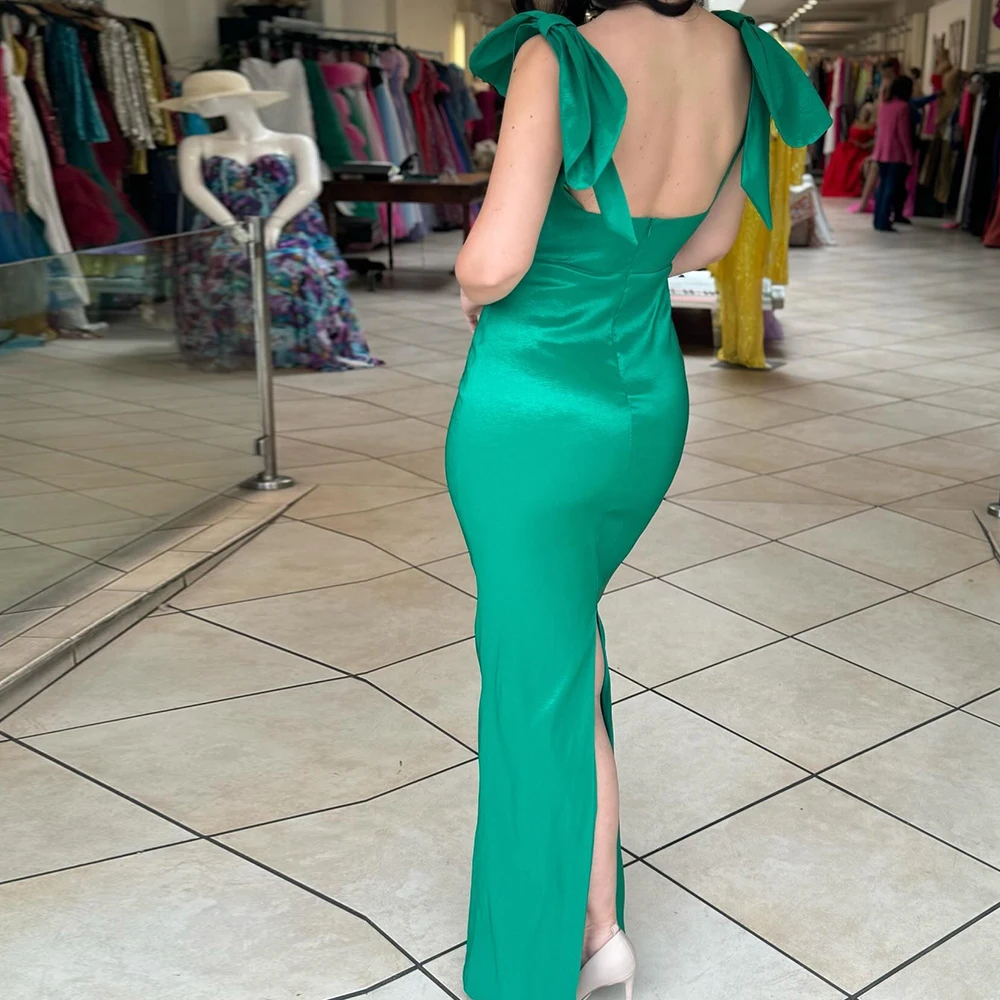 Customized Classic Pleats Bow Sweetheart Spaghetti Straps Back Slit Evening Dresses Elegant Mermaid Green Zipper Back Prom Gowns