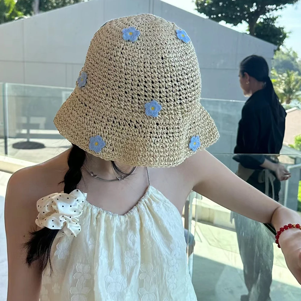 Bohemia Hollow Blue Flower Straw Caps for Women Summer Seaside Vacation Sun Protection Sun Hat Summer Sense Beach Bucket Hat