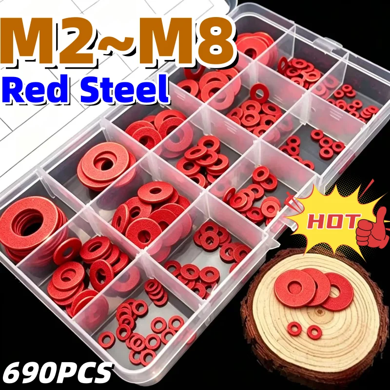 690PCS M2 M2.5 M3 M4 M5 M6 M8 Red Steel Paper Fiber Flat Washer Plain Spacer Insulation Gasket Ring Mix Size Kit Tools Sets