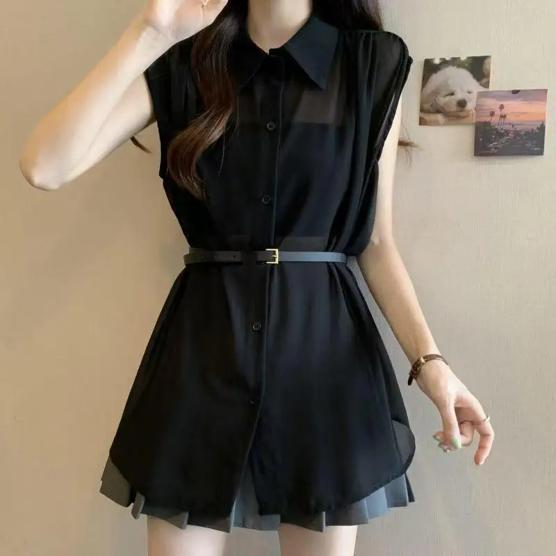 

Sleeveless Thin Loose Solid Temperament Blouse Summer New Neck Elegant Simplicity Shirt Tops Fashion Korean Women Clothing