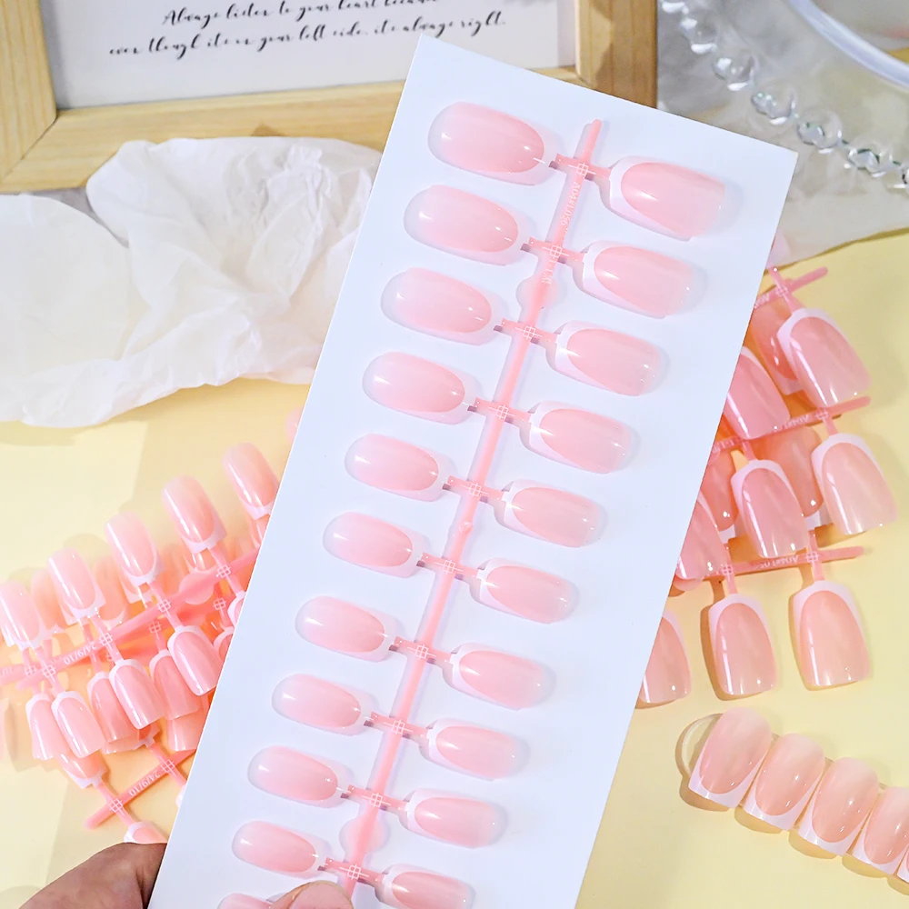 

120pcs Nude Pink French Short Square Press On Nails White Fingertips Multiple Size Fake Nail Tips Full Cover Extension Manicure