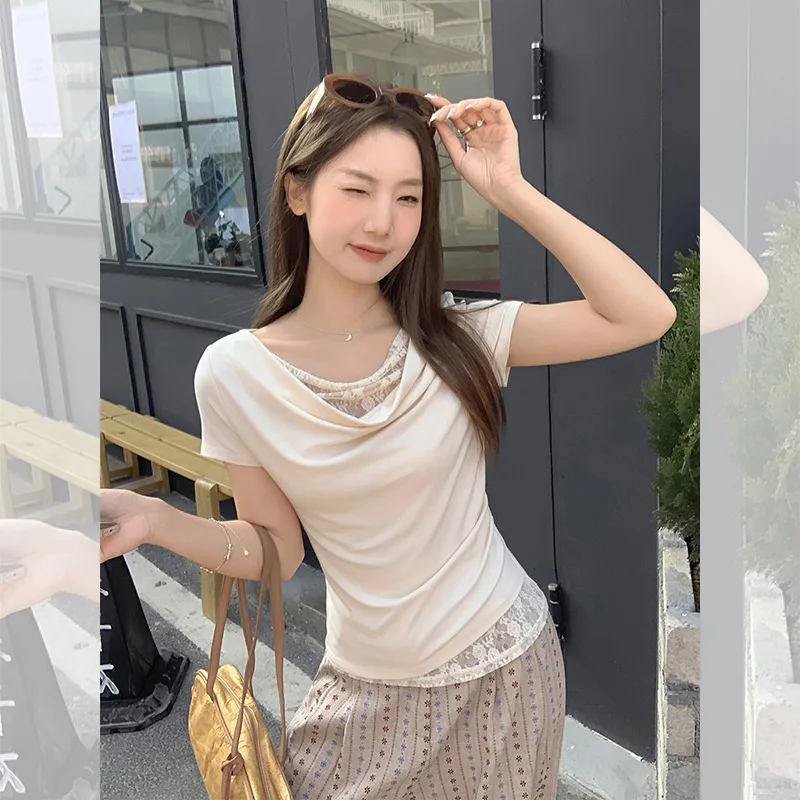 Vestindo gola de retalhos de renda com clavícula exposta camiseta de manga curta para mulheres primavera e verão interior topo