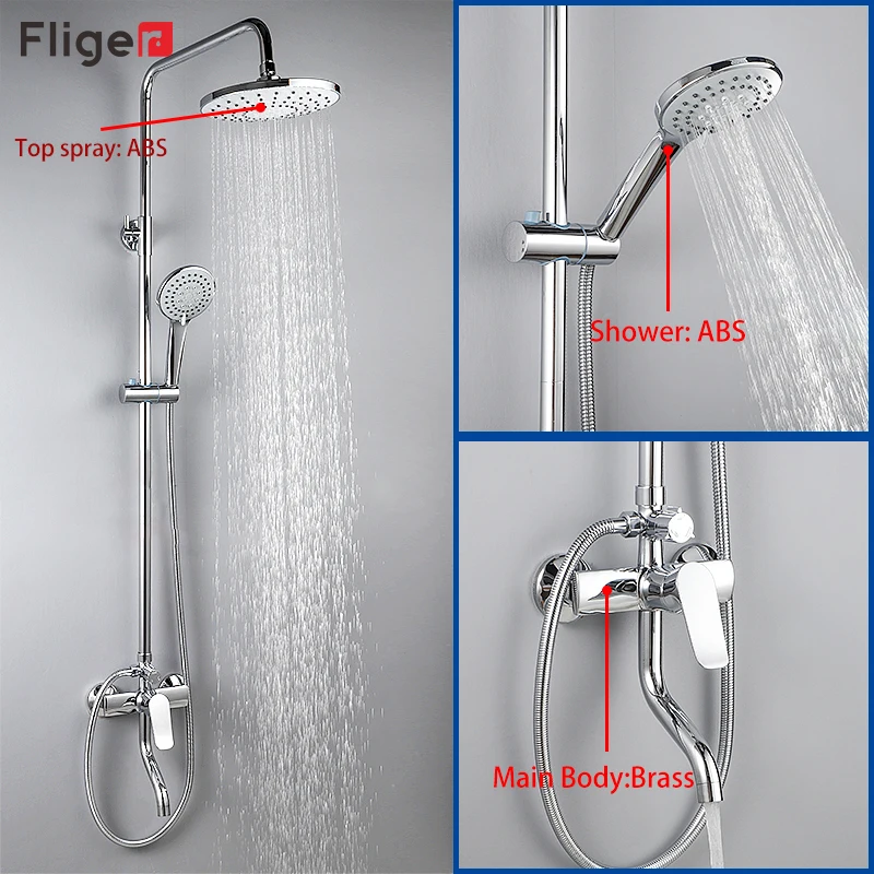 Fliger Black Shower Faucet Brass Rainfall Shower Set Waterfall Shower System Hot Cold Water Shower Mixer Bathroom Faucet