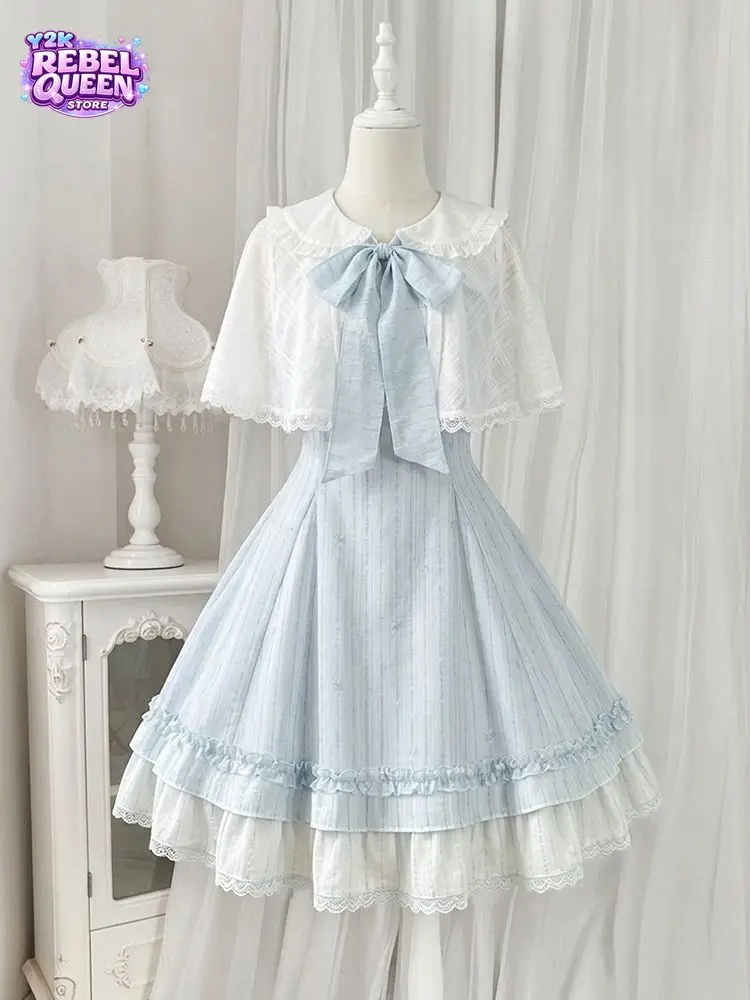 Sweet Elegant Japanese Kawaii Lolita Mini Dress Women Peter Pan Collar Capelet Bow Lace Ruffle Hem Slim Party Chic Outfit 2026