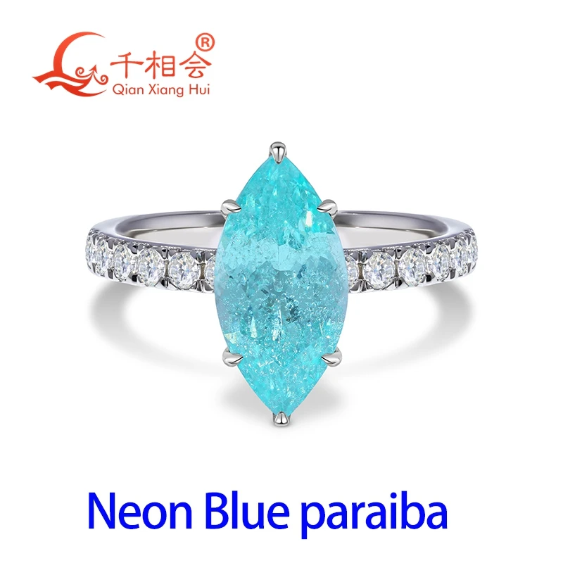 

7*14mm Marquise neon blue Paraiba Color YAG Ring 925 Silver Moissanite half Eternity Band Fashion Jewelry