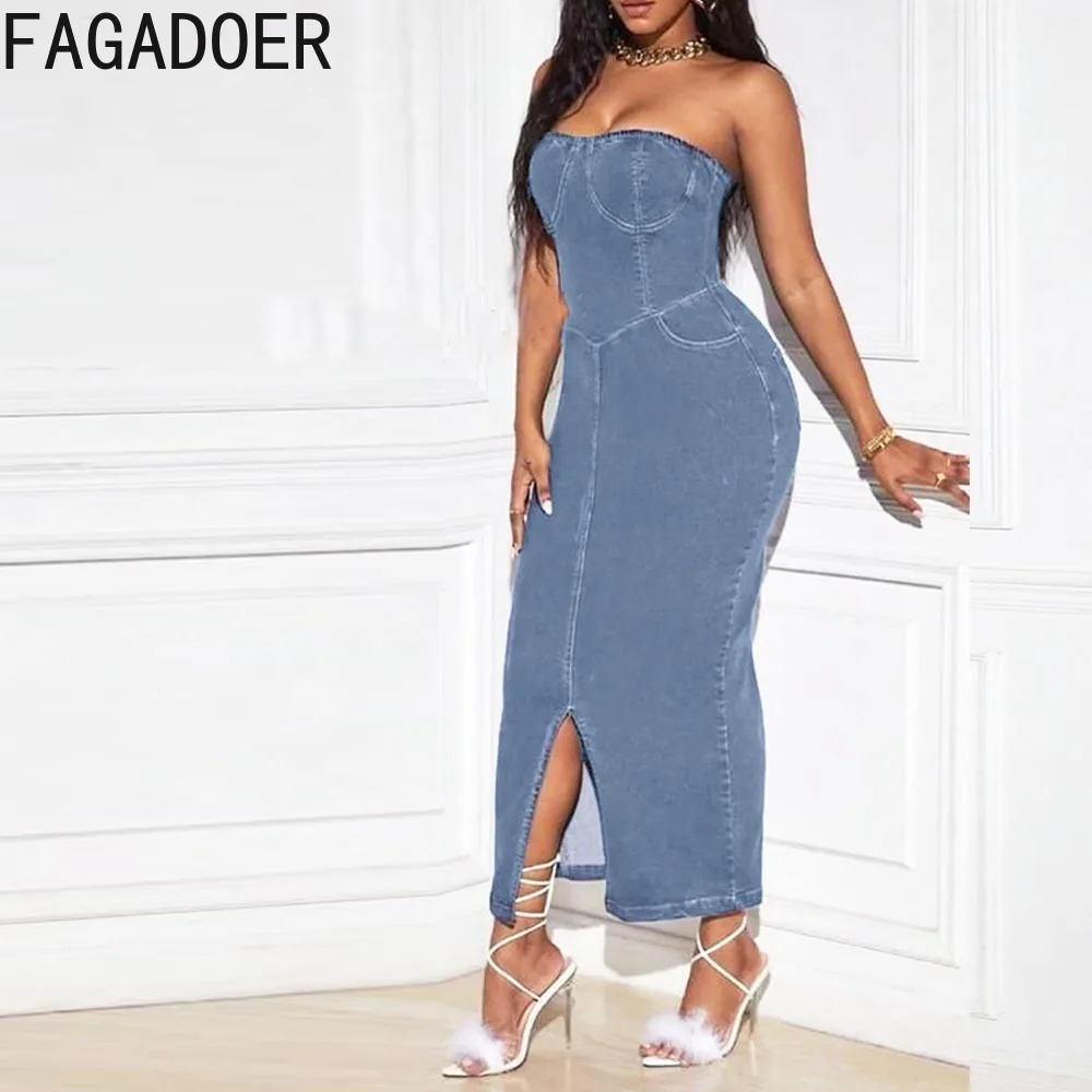 FAGADOER Spring New Off Shoulder Hollow Out Bandage Denim Tube Dresses Women Sleeveless Backless Slim Vestidos Female Clothing