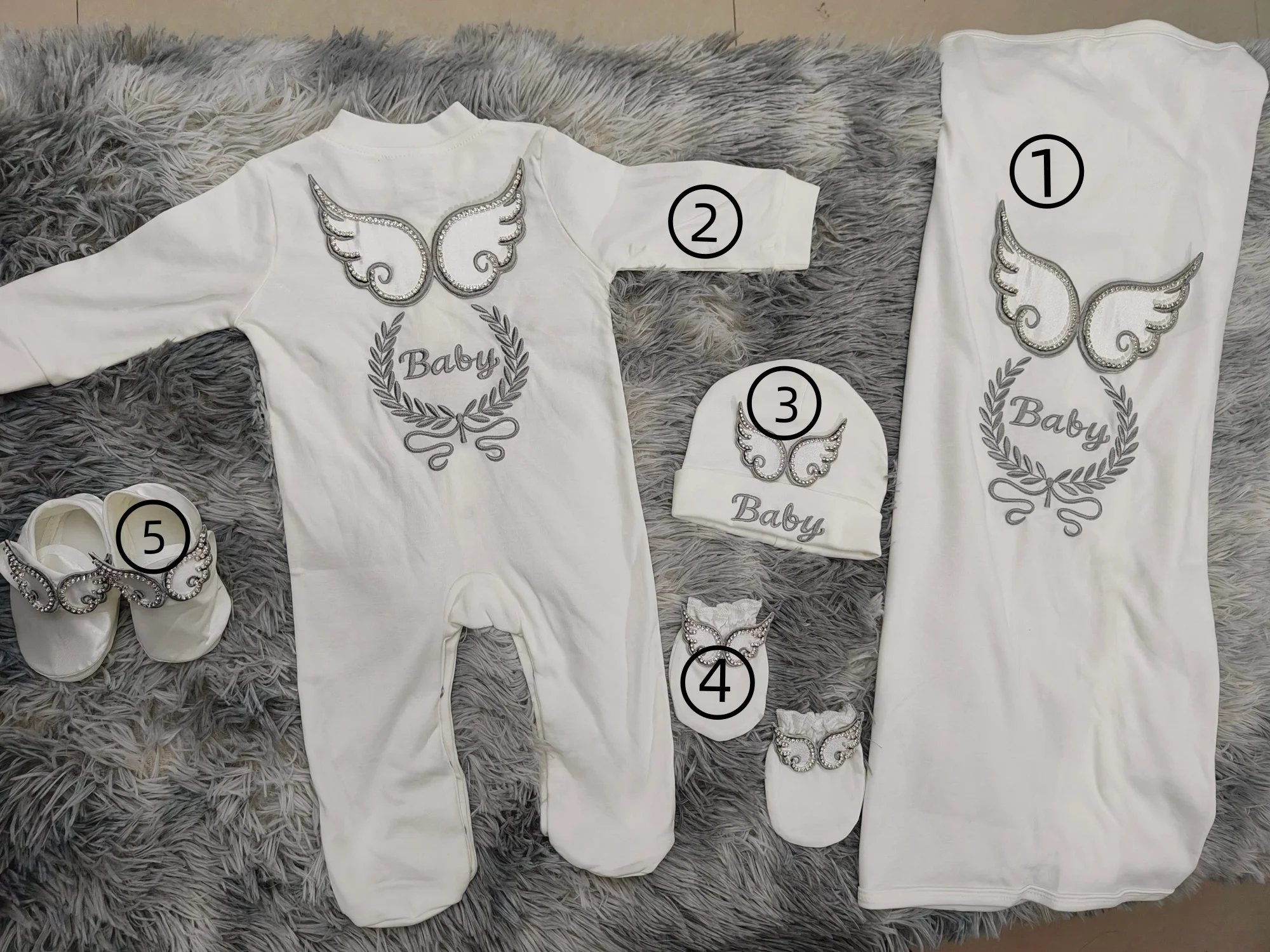 hiny Silver Rhinestone Angel Wing Baby Rompers 5pcs Set Newborn Baptism Outfit Girl Fancy Christening Clothe