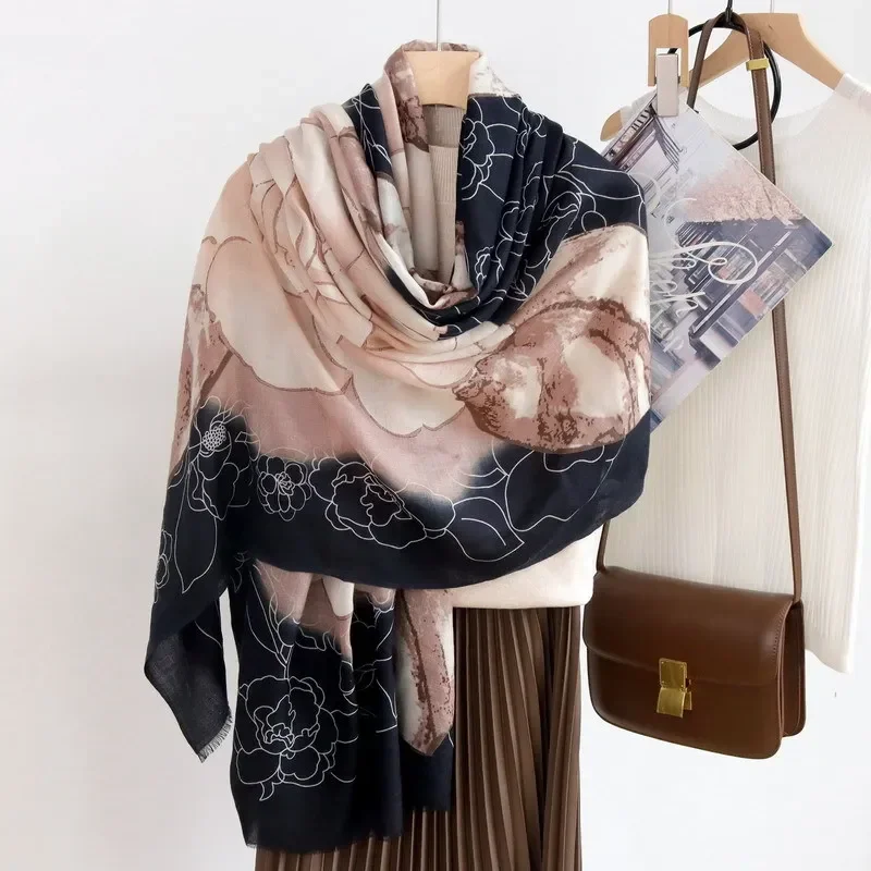 High-end Elegant Women Exquisite Fashion Camellia Print Quality Water Soluble Wool Handcrafted Fringe Soft Warm Long Scarf Shawl