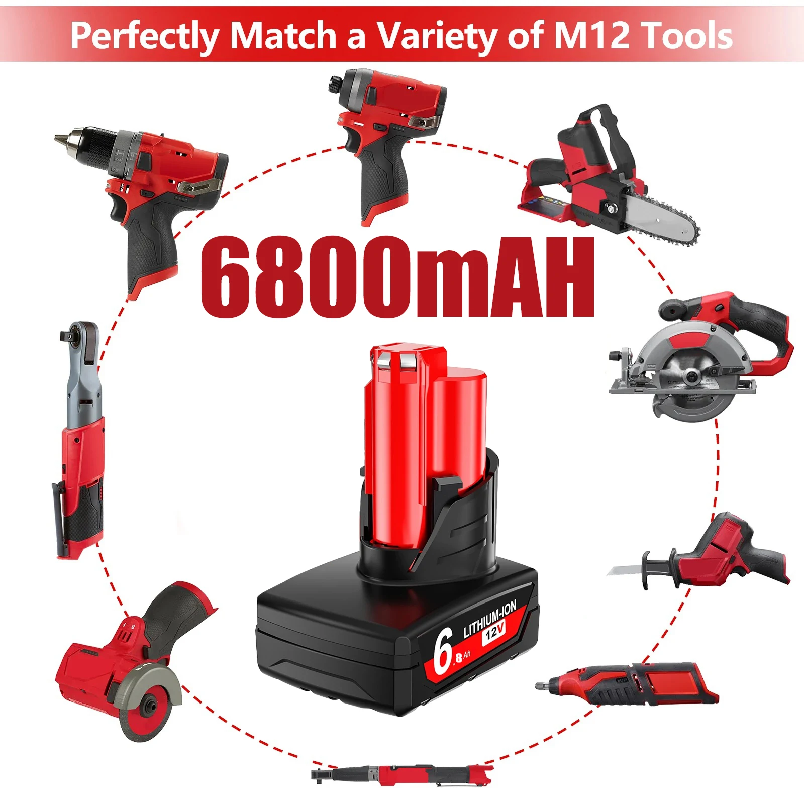 12V 6.8Ah Replacement Battery For Milwaukee M12 XC 48-11-2401, 48-11-2402, 48-11-2420, 48-11-2411,48-11-2412,M12B2,M12B4