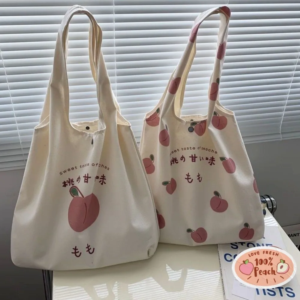 Cute Strawberry Tote Bag Aesthetic for School Girls Purses Shopper Designer Handbag Women Peach Print Eco Shoulder Bags