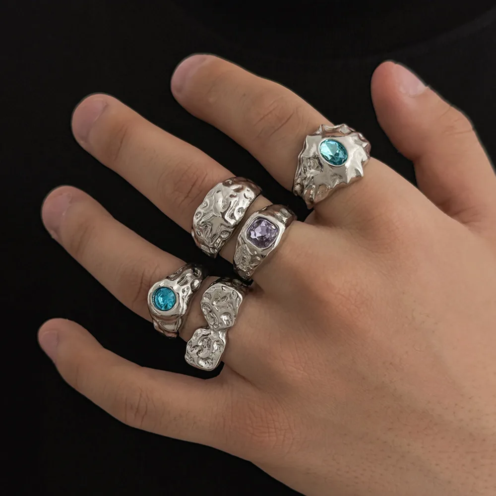 Ingemark 5 Pcs/Set Punk Colorful Acrylic Rhinestone Adjustable Open Ring for Men Hip Hop Retro Geometry Chunky Ring Male Jewelry