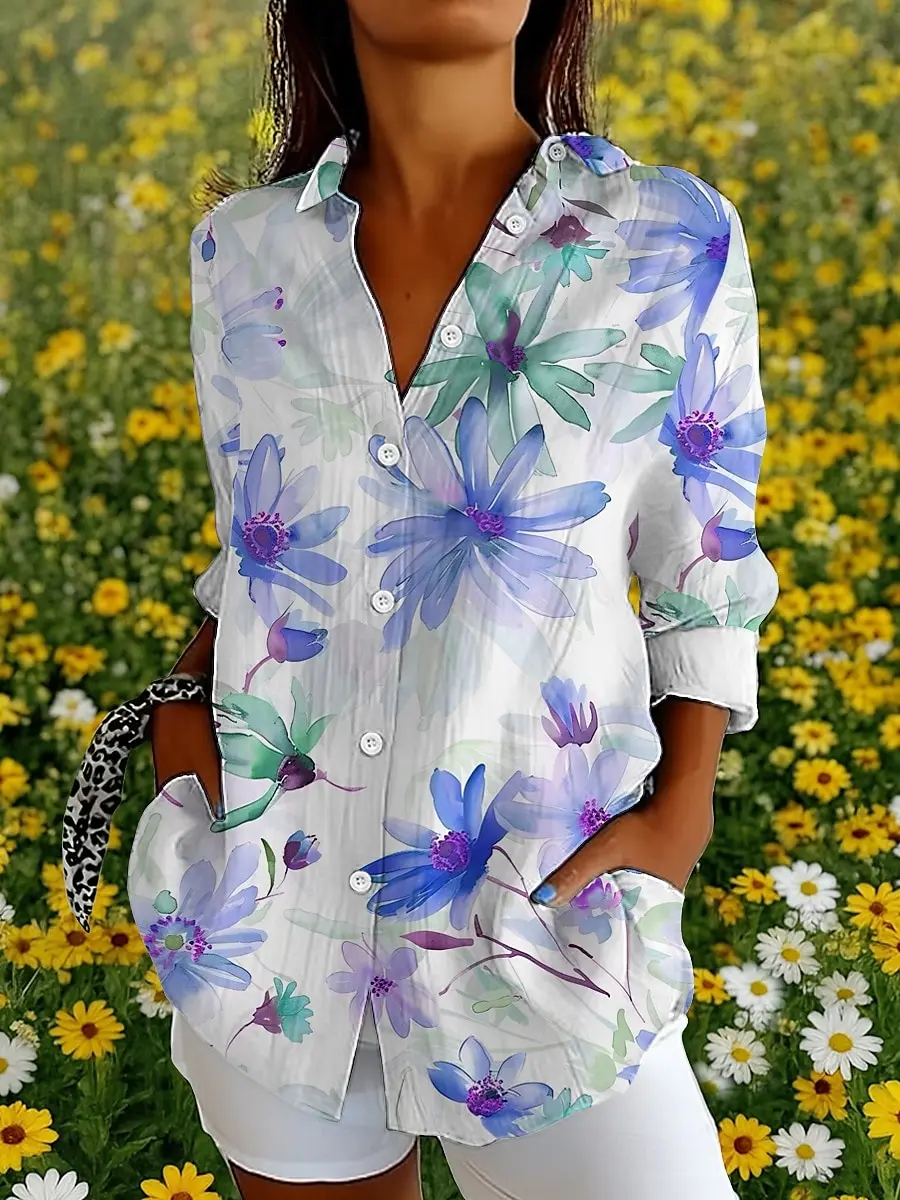 Women's Shirt Floral Graphic Elegant Vintage Tropical Long Sleeve Shirt Collar Regular Tops Daily Buttons Print Summer Spring