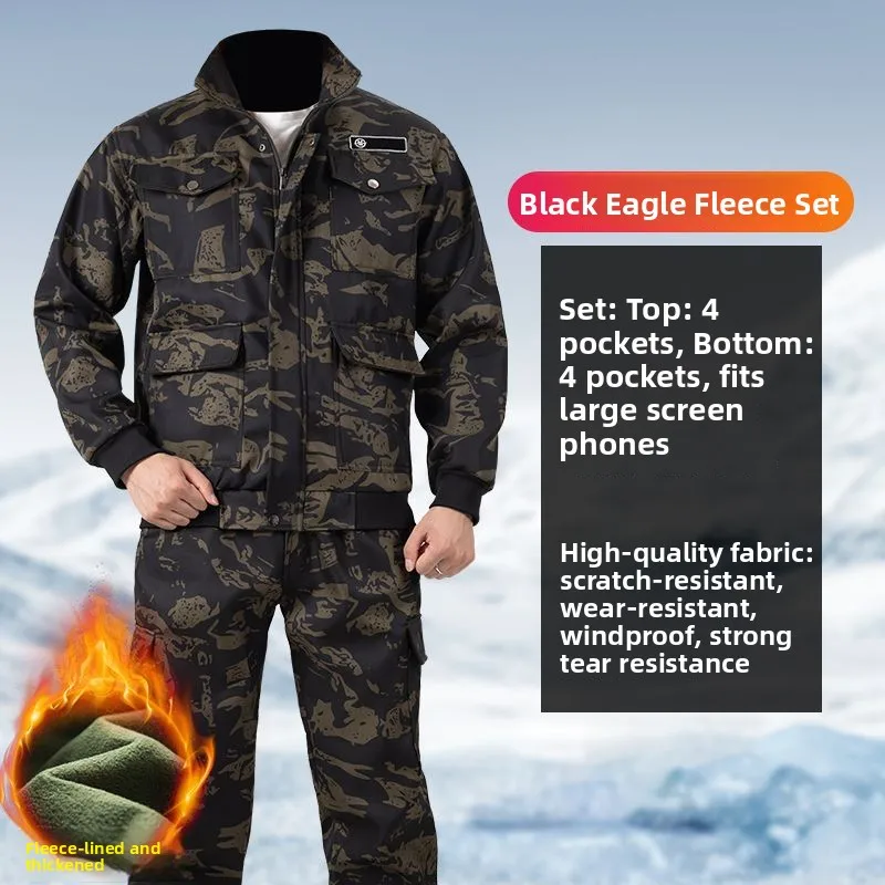 Men's Camouflage Work Uniform Set Fleece Lined Outdoor Wear Resistant Cold Proof Labor Protection Clothes Autumn Winter Workwear