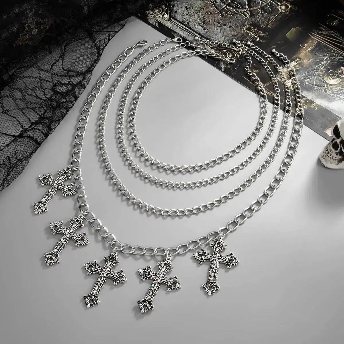 SHIXIN 4 قطعة/المجموعة القوطية يسوع الصليب قلادة قلادة للنساء الشرير متعدد الطبقات تكويم سلسلة سميكة المختنق هالوين مجوهرات #4