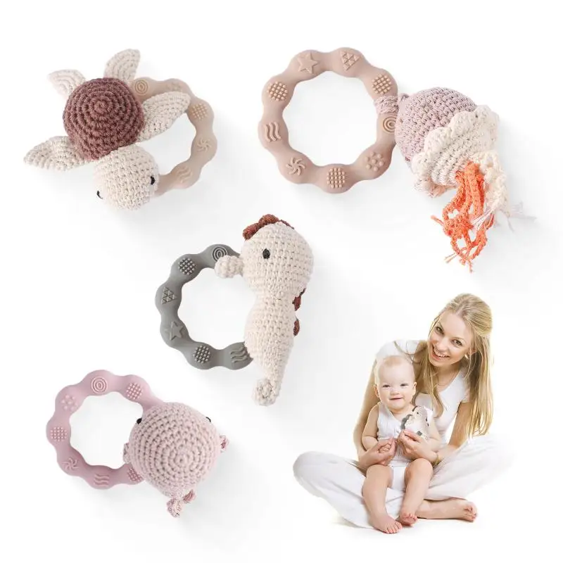 

1pc Baby Cute Marine Animal Crochet Rattle Toy Silicone Ring BPA Free Baby Teether Rodent Infant Gym Mobile Rattles Newborn Toys