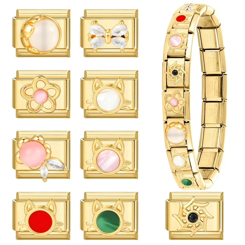 WG 1pc  10*9mm Italian Modular Bracelet Gold Bow Cat Sun Elements Charm Links For creative DIY Customizable Modular Bracelets