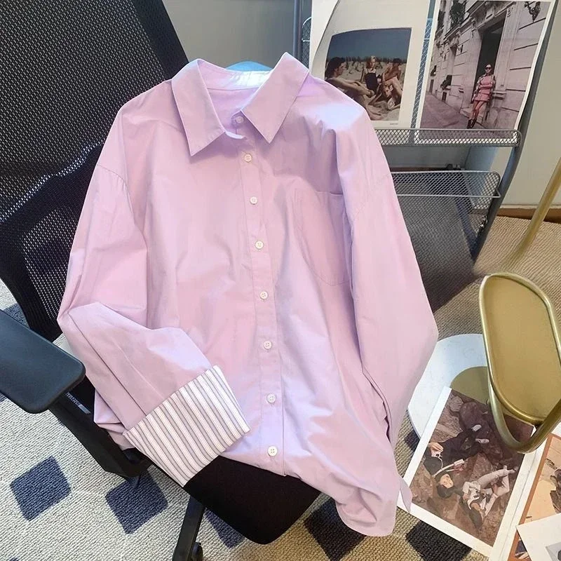 DAYIFUN-Purple Sleeve Stripe Design Women's Shirts Long Sleeved Loose Casual Blouses Single Breasted Lapel Ladies' Clothing
