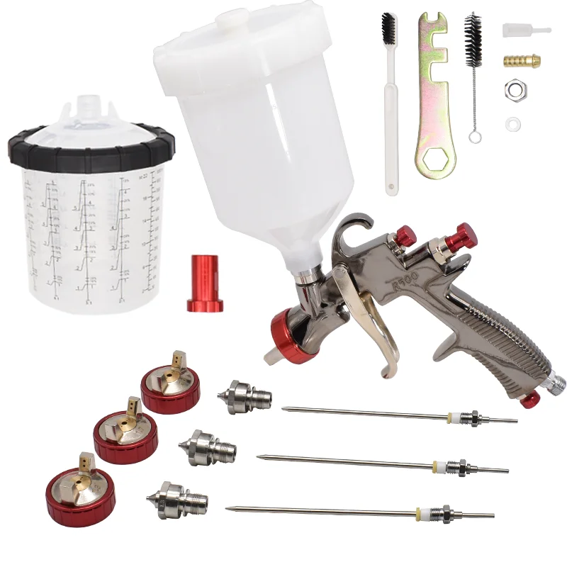 Kit completo de pistola pulverizadora LVLP R500, boquilla de 1,3/1,5/1,7/2,0mm, aerógrafo de 600cc sin taza limpia para pintura de coches, pistola pulverizadora por gravedad neumática