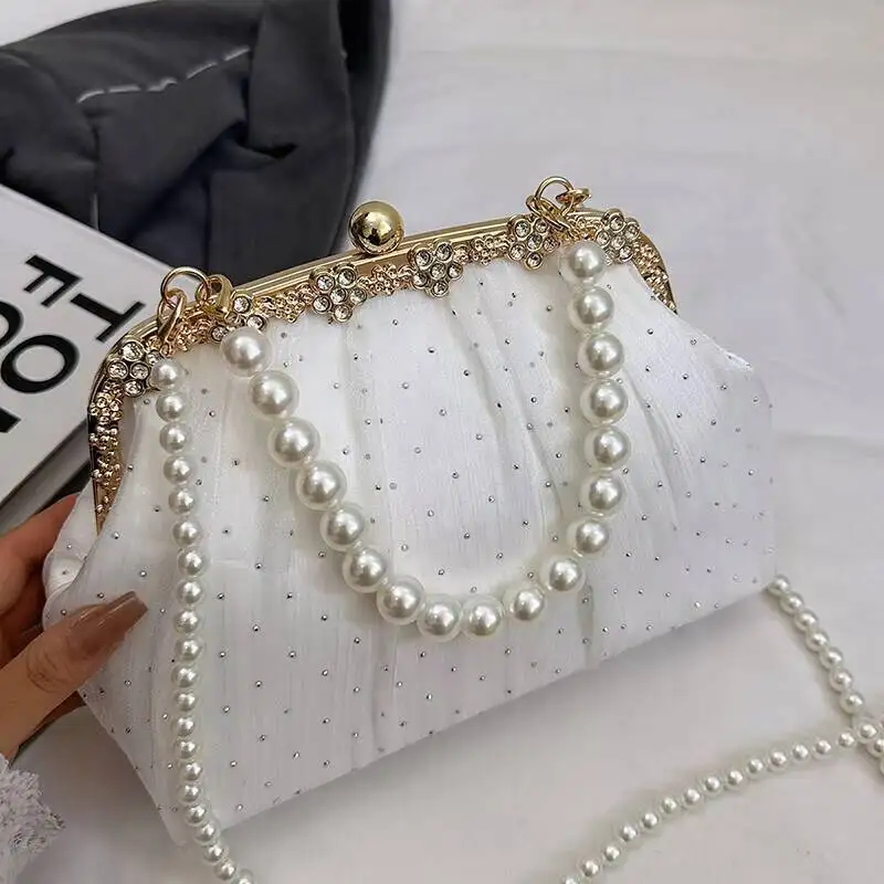 

Sparkling Diamond Pearl Handbag Retro Rhinestone Clutch Bag Elegant Socialite Evening Bag Chain Shoulder Crossbody Clutch Bag
