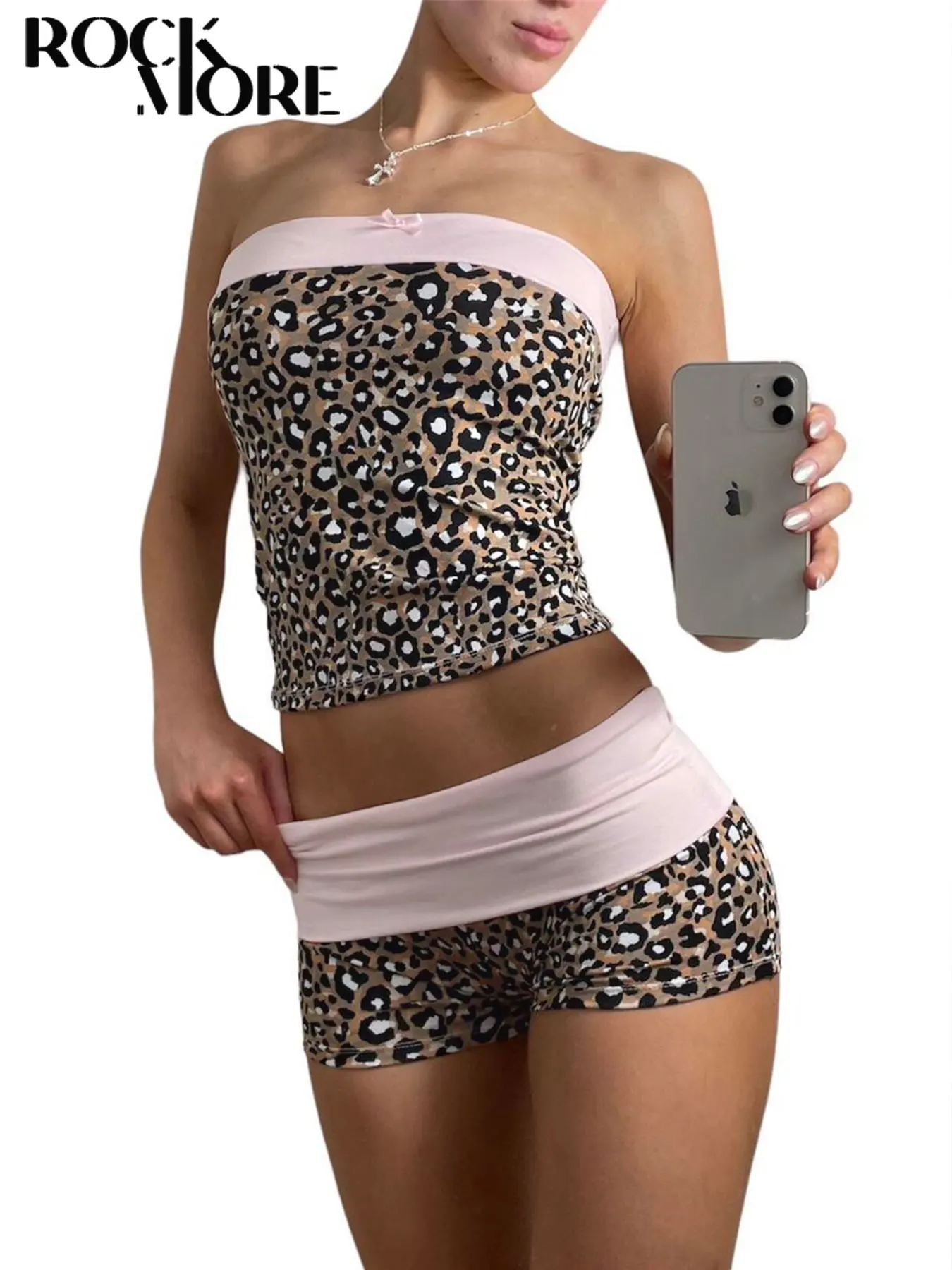 Rockmore Sexy Leopard Print Patchwork Tube Top 2PCS Shorts Vintage Aesthetic Sets Streetwear Casual Clothes Summer Women Outfits