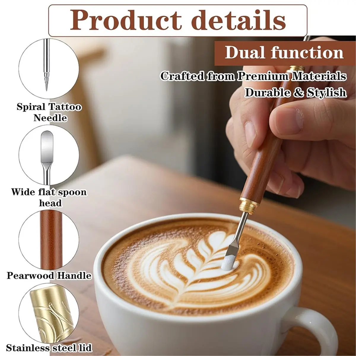 2pcs Dual-Head Latte Art Pen, Stainless Steel with Wood Handle for Home, Cafe, and Travel Use