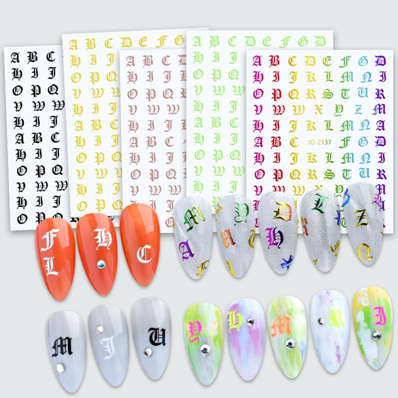 Nail Art 3d Stickers Black White Old Font English Numbers Letters Adhesive Sliders Nail Decals Decoration Manicure