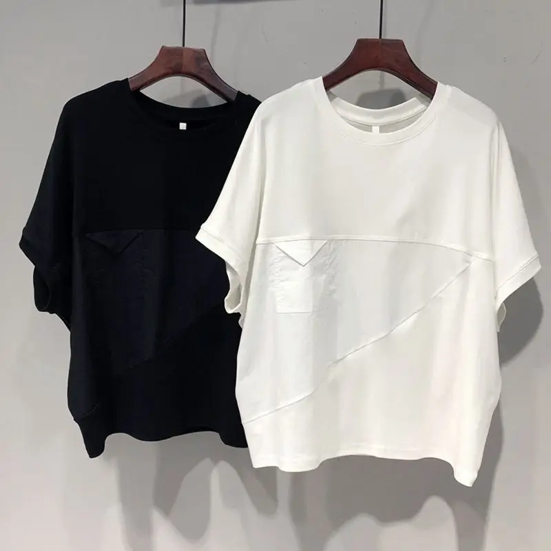 

plus Size Women's T-Shirt Summer Loose Casual Batwing Sleeve Pure Color Patchwork Korean Style Short Sleeve Top Trendy