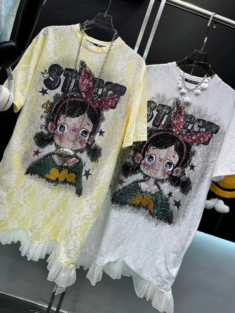 Zomer losse mode en dunne jurken modeontwerp met korte mouwen kant splitsen afdrukken T-shirt jurk blauwe kleur lange vestidos