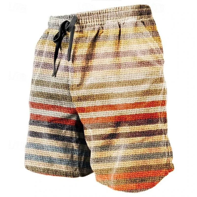 Vintage Plaid Patchwork Shorts Men\'s Hawaii Vacation 3D Printed Geometric Pattern Swimming Trunks Elastic Drawstring Beach Pants