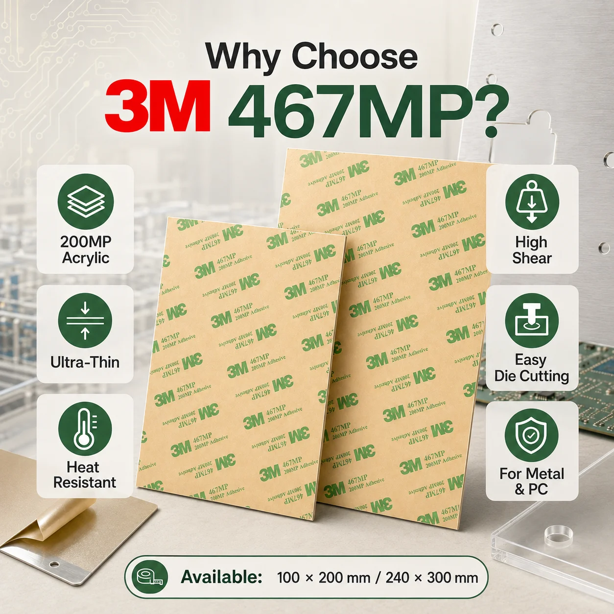 3M 467MP Adhesive Transfer Sheet 200MP Ultra Thin High Temp Double Sided Tape for Metal PC Acrylic Electronics 100x200/240x300mm