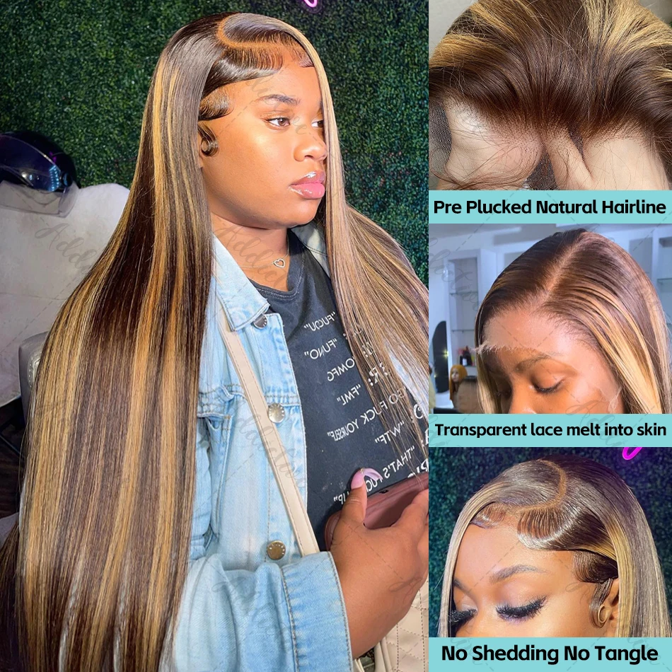 Destaque Ombre Straight Lace Frontal Wig para mulheres, peruca de cabelo humano, HD Lace Front, 13x4, 30, 40 Polegada, 4, 27